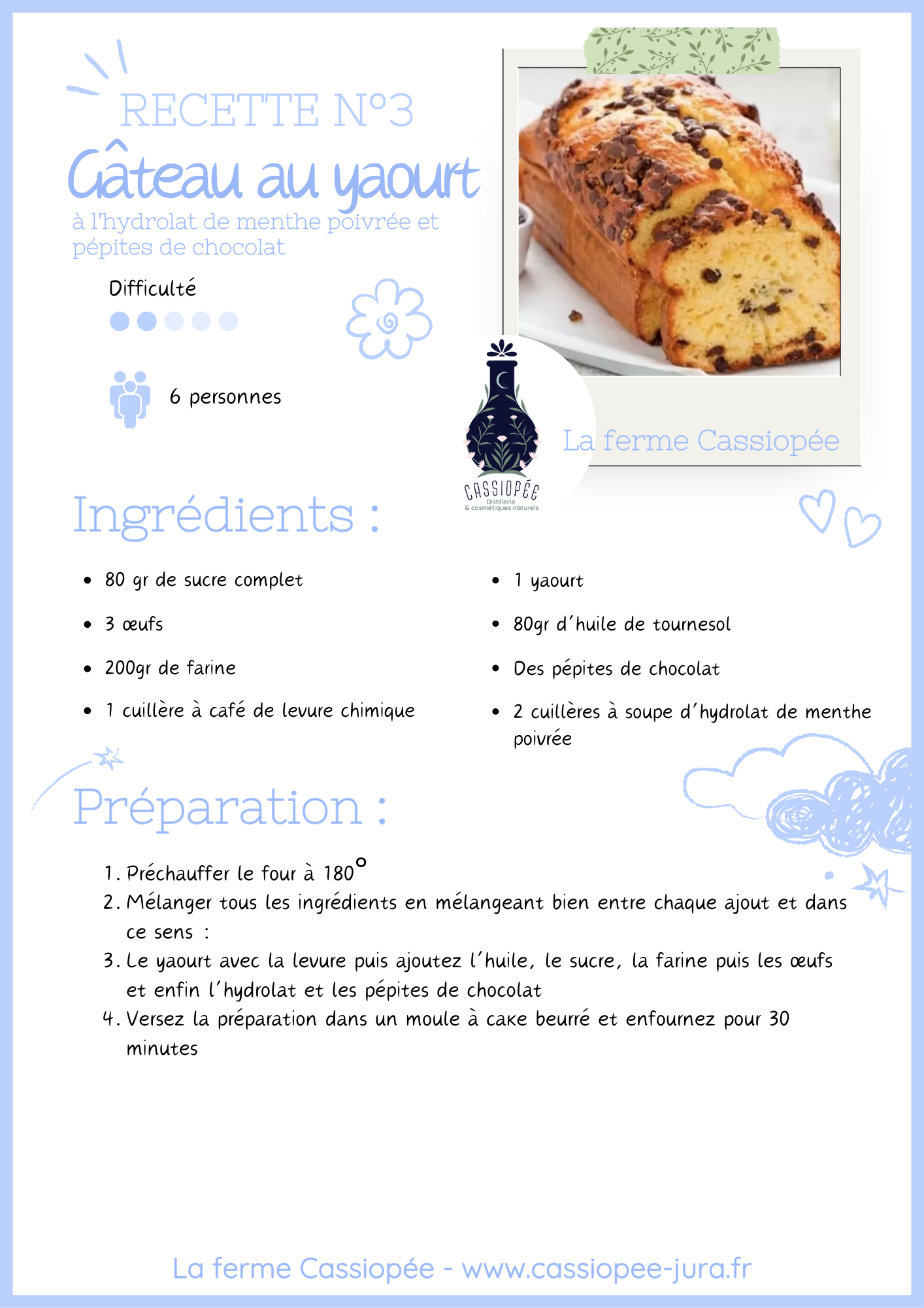Gateau au yaourt et a lhydrolat de menthe poivree et chocolat - Cassiopée Jura